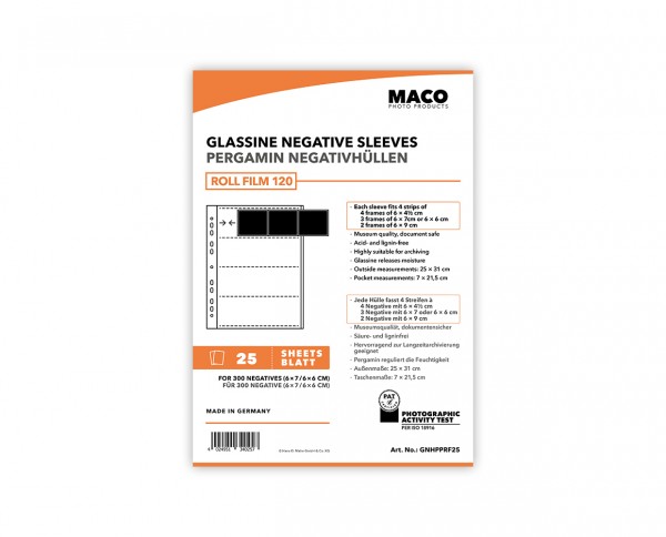 MACO Glassine Negative Sleeves for medium format (6x6 / 6x7) | 25 sheets