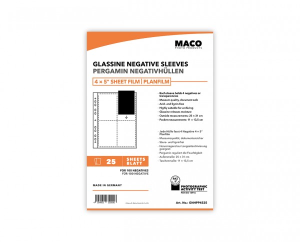 MACO Glassine Negative Sleeves for 4x5' sheet film | 25 sheets