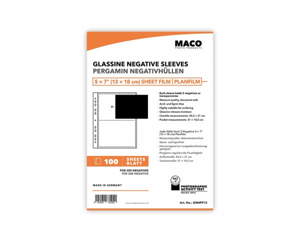 MACO Glassine Negative Sleeves for 5x7' (13x18cm) sheet film | 100 sheets