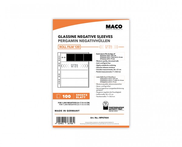 MACO Glassine Negative Sleeves for medium format (6x6 / 6x7) WIDE | 100 sheets