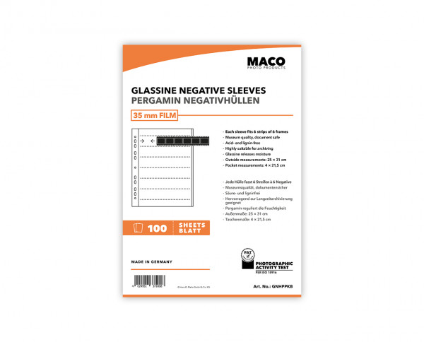 MACO Pergamin Negativhüllen für Kleinbildfilm (35MM) | 100 Blatt á 6 Streifen